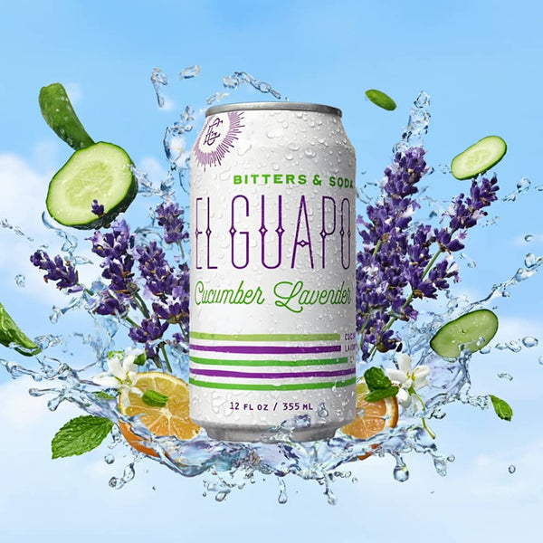El Guapo Cucumber Lavender Bitters & Soda can with cucumbers, lavender, and water droplets on a blue background