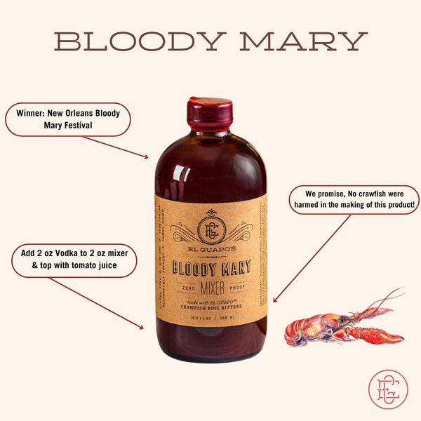 El Guapo Bloody Mary Mixer bottle with label and lobster illustrationvwith ingredients, key product features and usage instructions on a white background