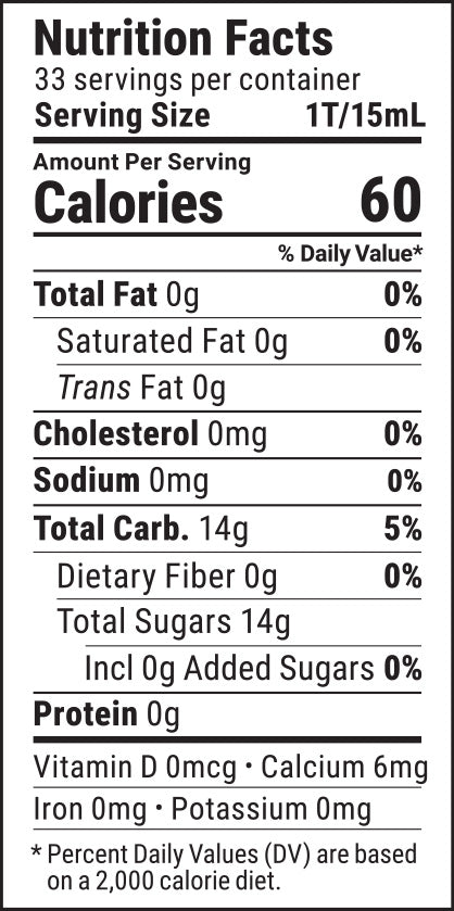 Nutritional panel for El Guapo Demerara syrup on a white background