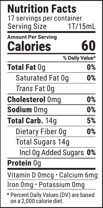 Nutritional panel for El Guapo Demerara syrup on a white background