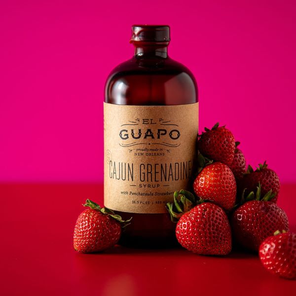 El Guapo Cajun Grenadine 16.5 oz strawberry simple syrup bottle.