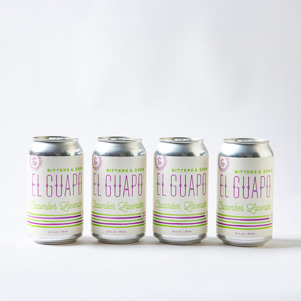 Four cans of El Guapo Cucumber Lavender bitters & soda on a white background