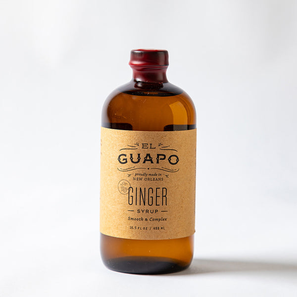 16.5 oz large bottle of El Guapo Ginger Syrup on a white background