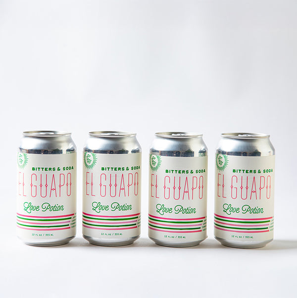 Four cans of El Guapo Love Potion bitters & soda on a white background