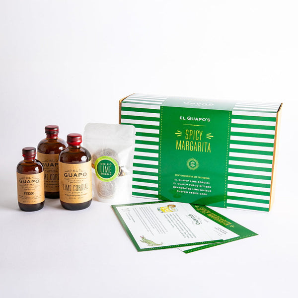 El Guapo Spicy Margarita Kit with bottles, packaging, and recipe cards.