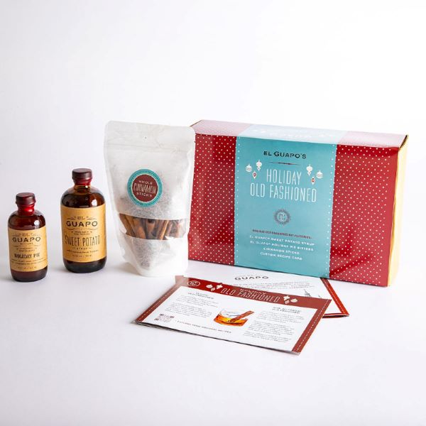 El Guapo Holiday Old Fashioned Kit with cocktail mixer and recipe cards.