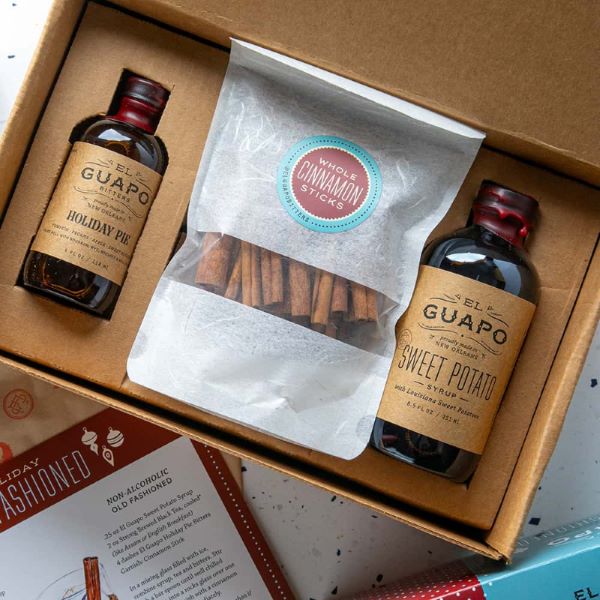 El Guapo Holiday Old Fashioned Kit with cocktail mixer and bitters.