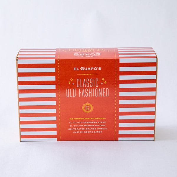 Orange and white striped box with 'El Guapo's Classic Old Fashioned' on a white background.