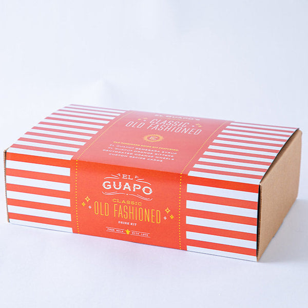 Orange and white striped box with 'El Guapo's Classic Old Fashioned' on a white background.
