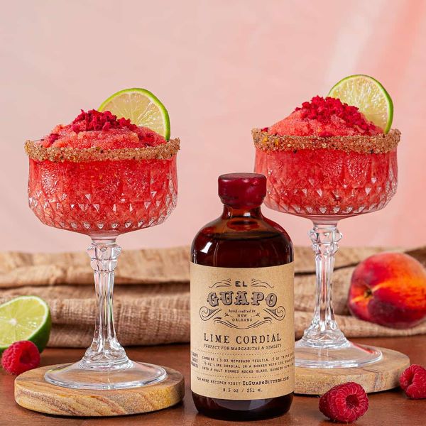 El Guapo peach raspberry mezcal margarita cocktail.