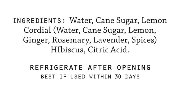 List of ingredients and storage instructions for El Guapo Hibiscus Syrup on a white background