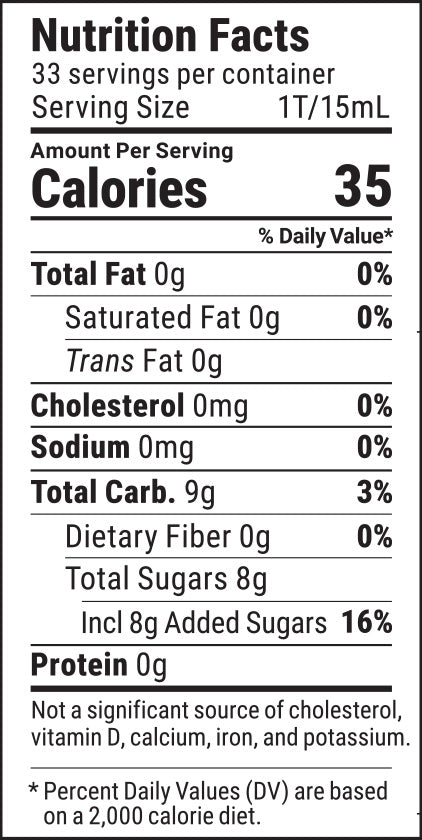 Nutrition facts label for El Guapo Hibiscus Syrup on a white background