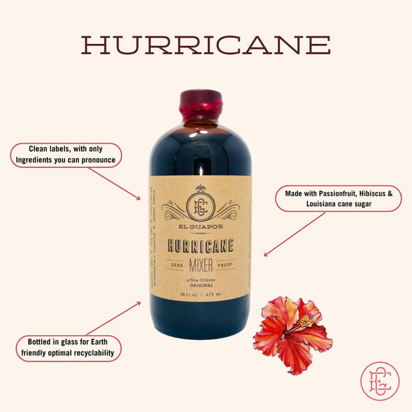 Glass El Guapo Hurricane Mixer full size bottle with ingredients, key product features, and usage instructions on a white background