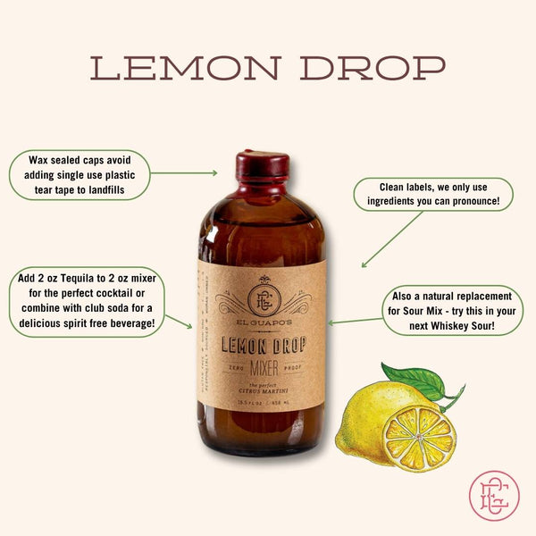 Bottle of El Guapo Lemon Drop Mixer with a lemon illustration, key product features, and usage instructions on a white background