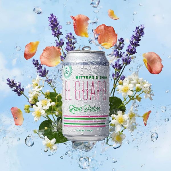 El Guapo Love Potion Bitters & Soda can floating in water splash with flowers.