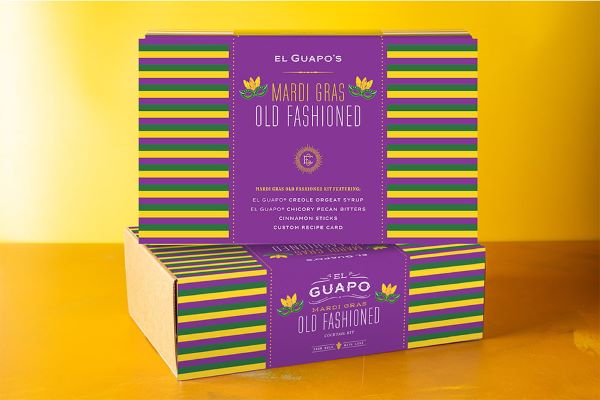 El Guapo Mardi Gras Old Fashioned cocktail kit gift box front.