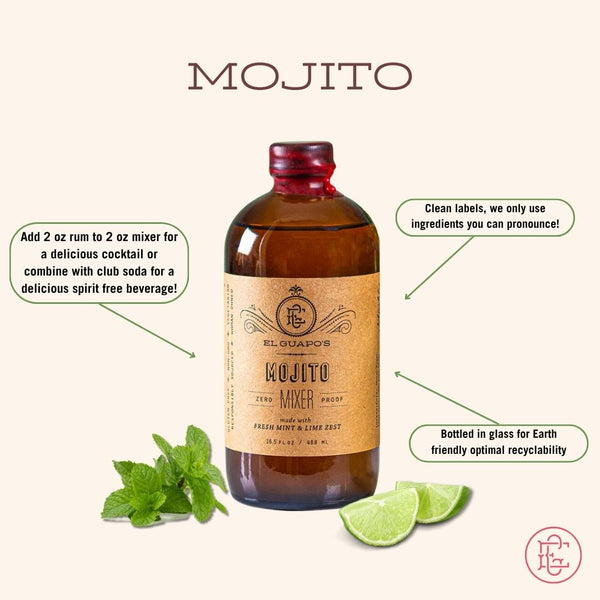 Glass El Guapo Mojito Mixer full size bottle with ingredients, key product features, and usage instructions on a white background