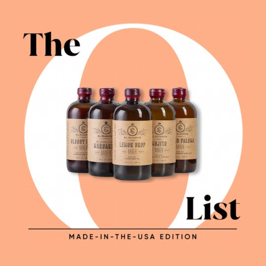 A 6-pack of El Guapo craft cocktail mixers, one of each flavor styled against a peach background with the text 'The O List' and 'MADE-IN-THE-USA EDITION'.