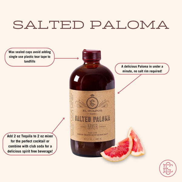 Glass El Guapo Salted Paloma Mixer full size bottle with two small grapefruit wedges with ingredients, key product features, and usage instructions on a white background