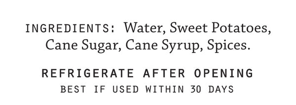 Ingredients list for El Guapo Sweet Potato Syrup on a white background