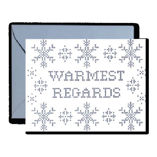 Warmest Regards winter holiday greeting card with blue snowflake patterns
