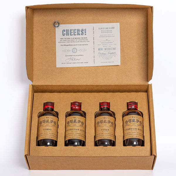 Open El Guapo Build Your Own Bitters Box with four bitters bottles