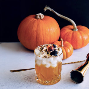 Sweet Potato Casserole Old Fashioned cocktail with toasted marshmallows and pumpkins