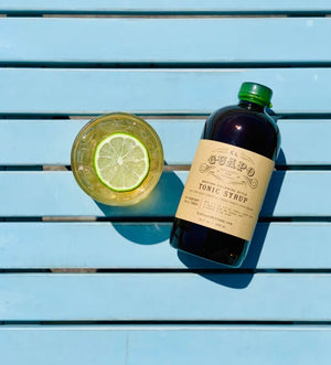 Tonic water with a lime wheel garnish next to a bottle of El Guapo Tonic Syrup