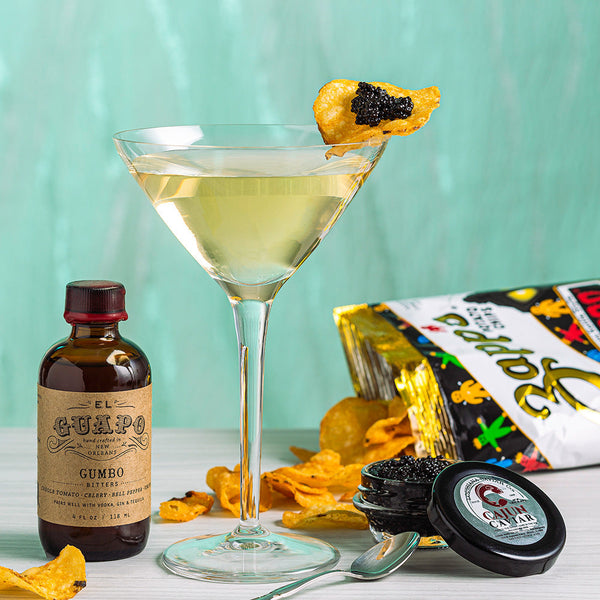 Cajun Caviar Martini paired with El Guapo Gumbo Bitters and Zapp's potato chips