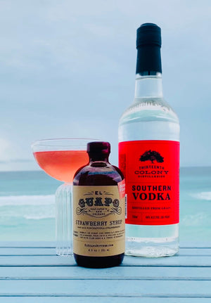 El Guapo Strawberry Syrup, Thirteenth Colony Southern Vodka, and a beach cocktail