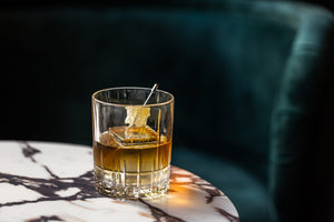 The Victor Was Written cocktail featuring SirDavis whisky, Tupelo honey and El Guapo Chicory Pecan Bitters.