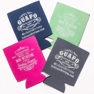 El Guapo branded can coozies collection display.