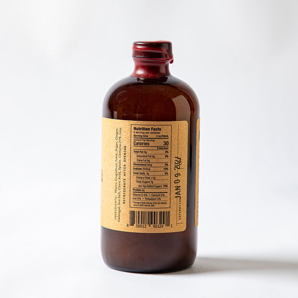 Side Profile of El Guapo Salted Paloma Mixer with nutritional panel on a white background