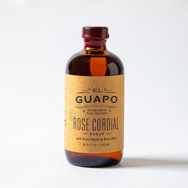 Bottle of 8.5 El Guapo Rose Cordial on a white background