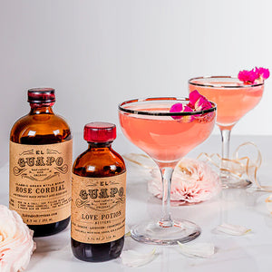 El Guapo Rose Cordial and Love Potion Bitters with pink floral cocktails